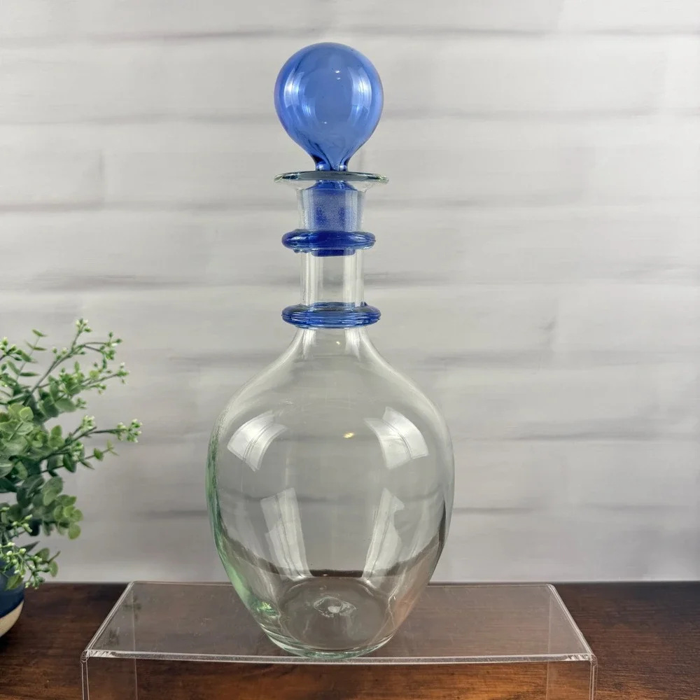 Blenko 3751D Ring Decanter Sky Blue Crystal Glass Ball Stopper